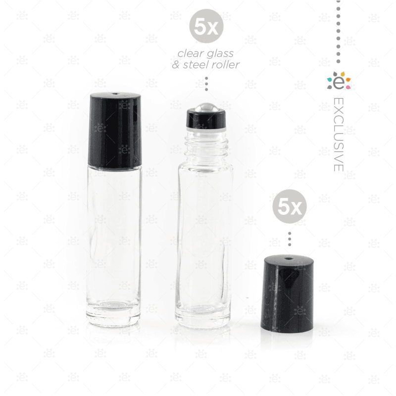 10Ml Clear Glass Roller Bottle With Midnight (Black) Lid & Premium Stainless Steel Rollerball - 5