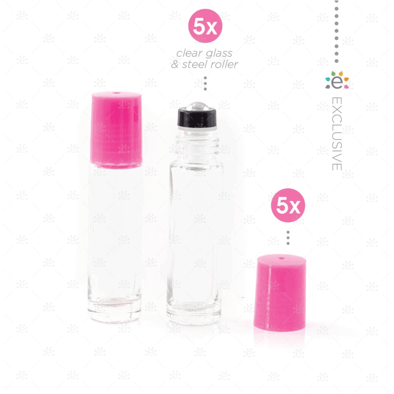 10Ml Clear Glass Roller Bottle With Tutu (Pink) Lid & Premium Stainless Steel Rollerball - 5 Pack