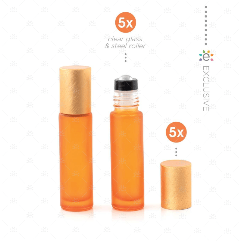 Deluxe Frosted 10Ml Orange Roller Bottles With Metallic Caps & Premium Rollers (5 Pack) Glass Bottle