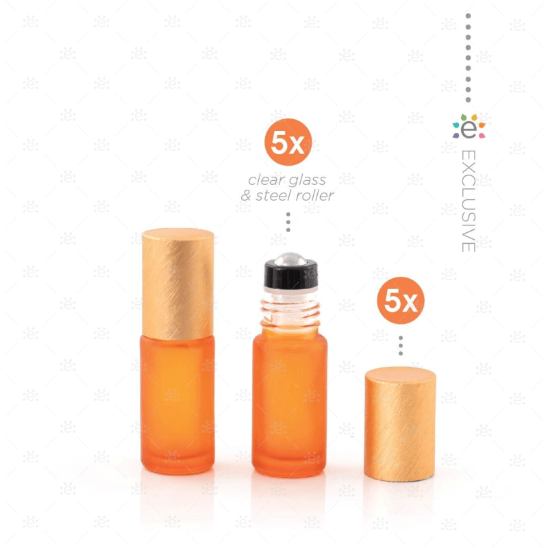 Deluxe Frosted 5Ml Orange Roller Bottles With Metallic Caps & Premium Rollers (5 Pack) Glass Bottle