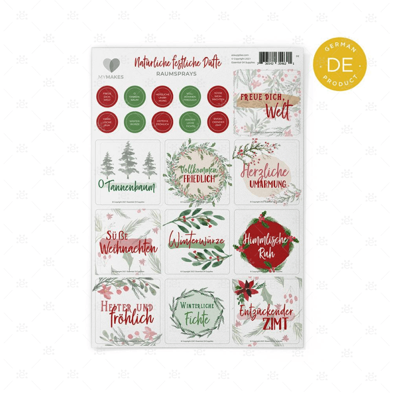 Mymakes:  Naturally Festive Scents - Room Sprays Label Sheet German Labels